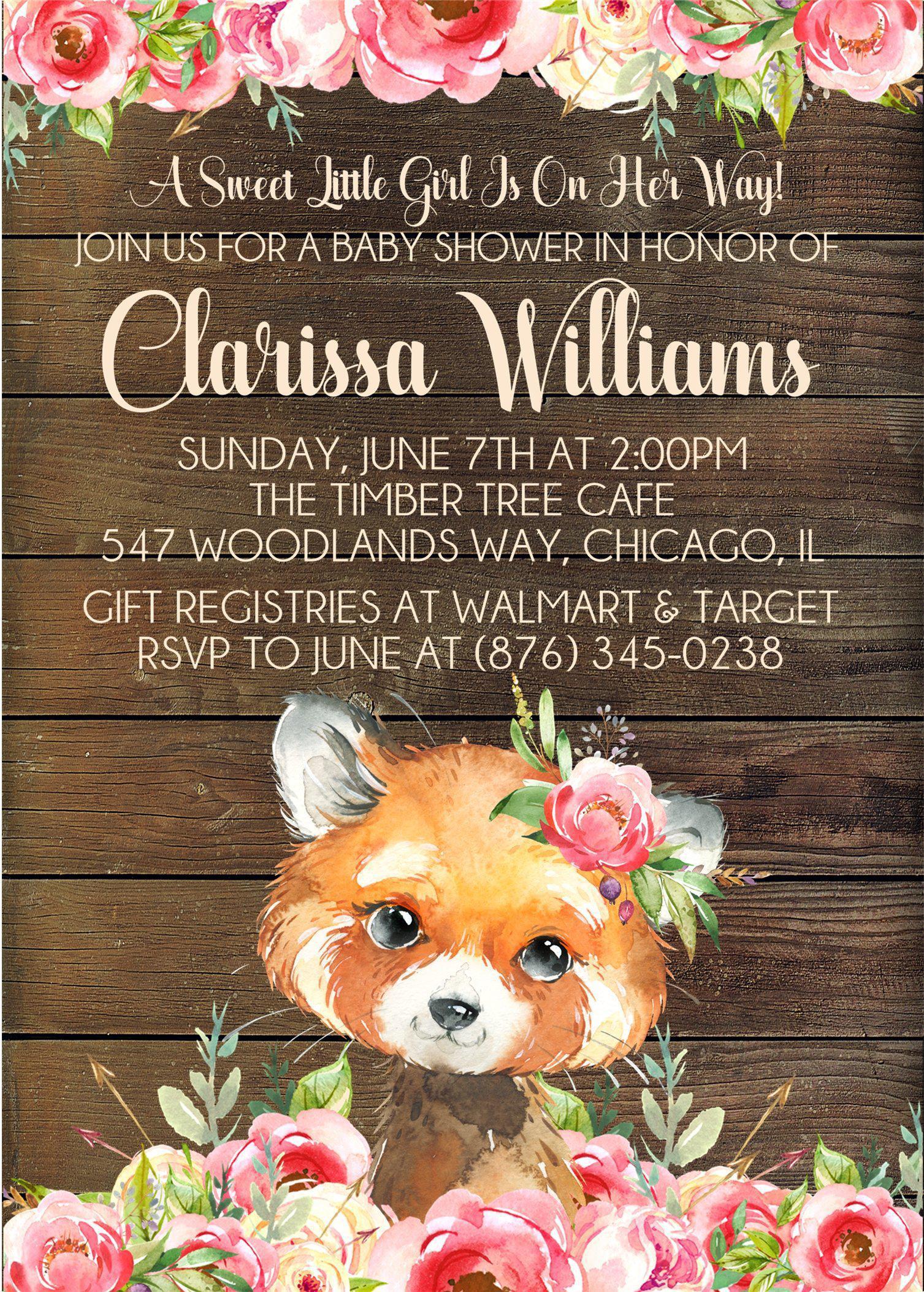 Girls Woodland Fox Baby Shower Invitations