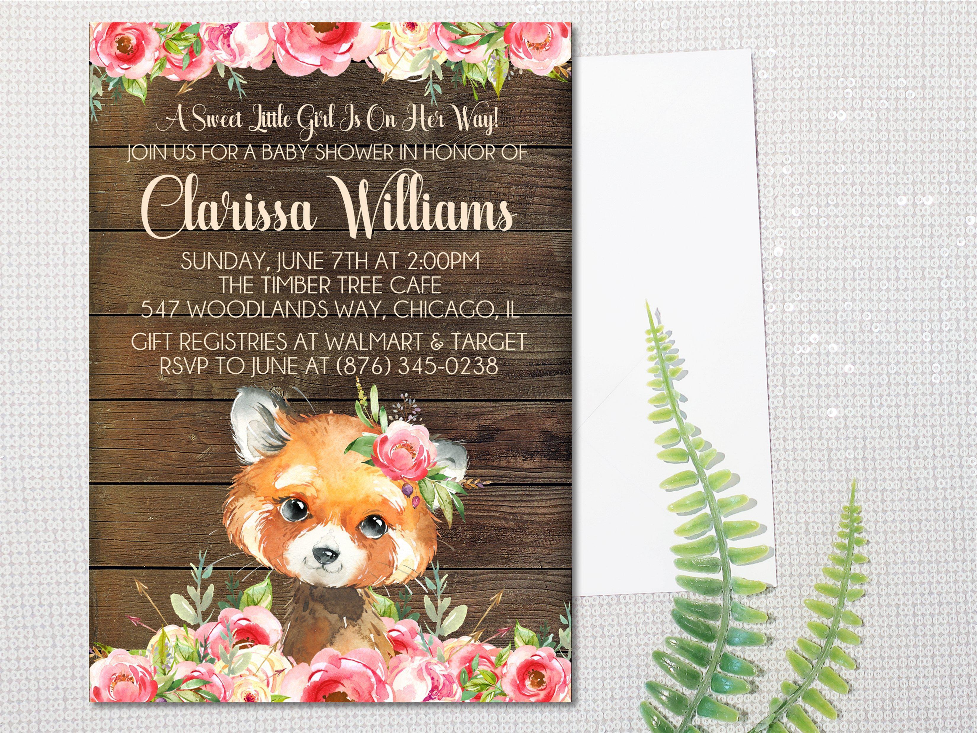 Girls Woodland Fox Baby Shower Invitations