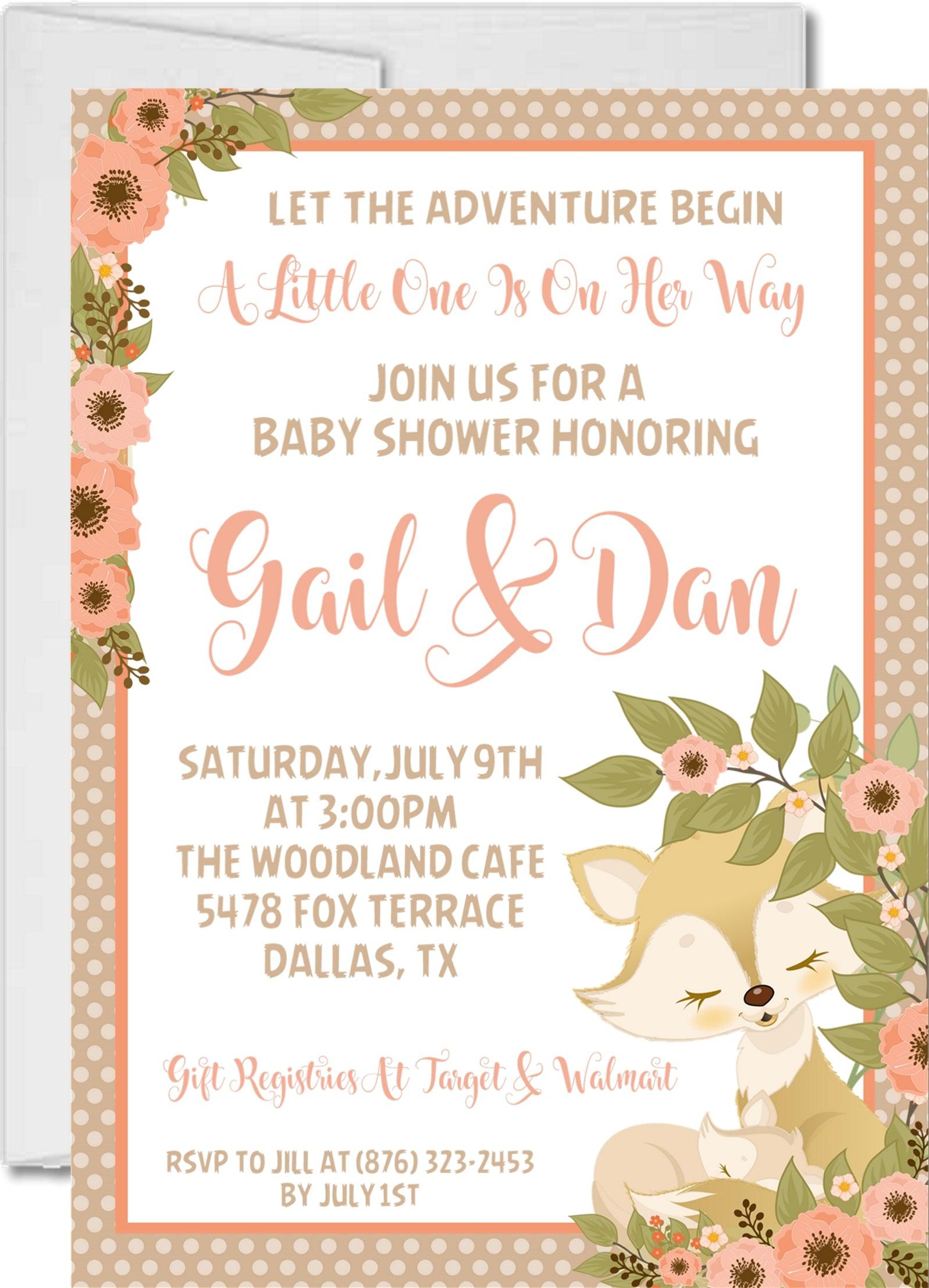 Girls Woodland Fox Baby Shower Invitations