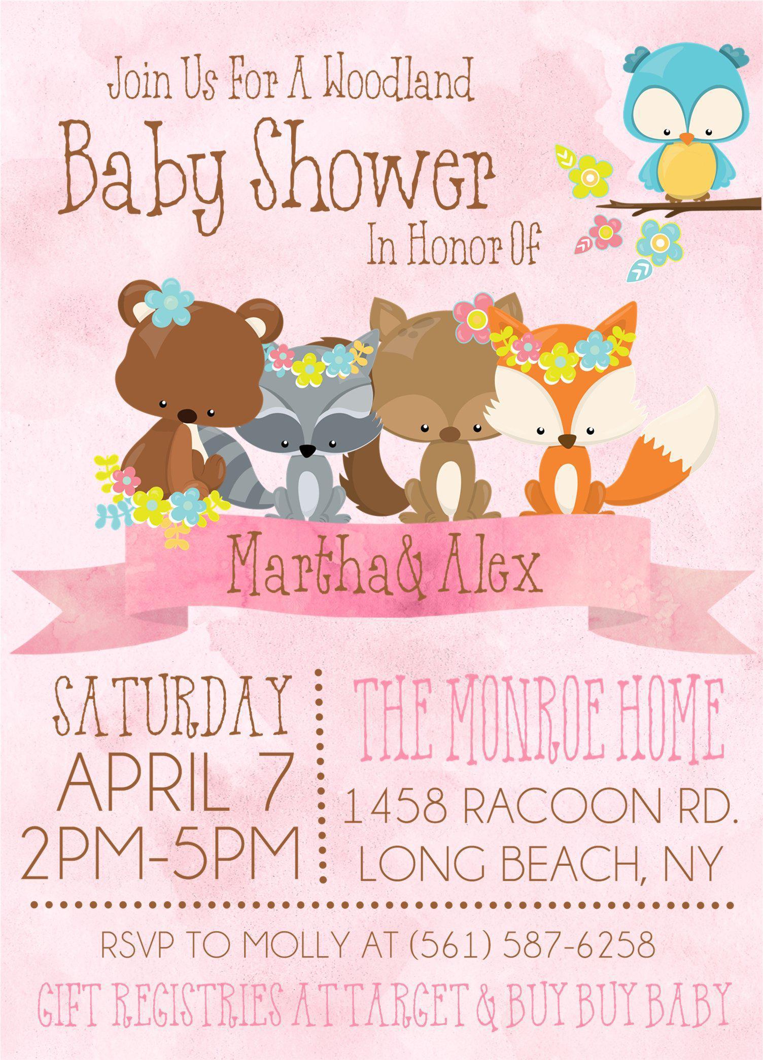 Girls Woodlands Baby Shower Invitations