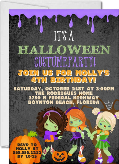 Girls Zombie Halloween Birthday Party Invitations
