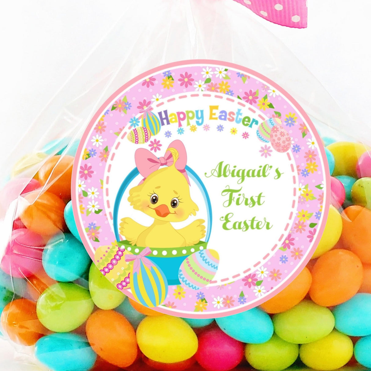 Girls First Easter sticker with chick in basket and eggs
