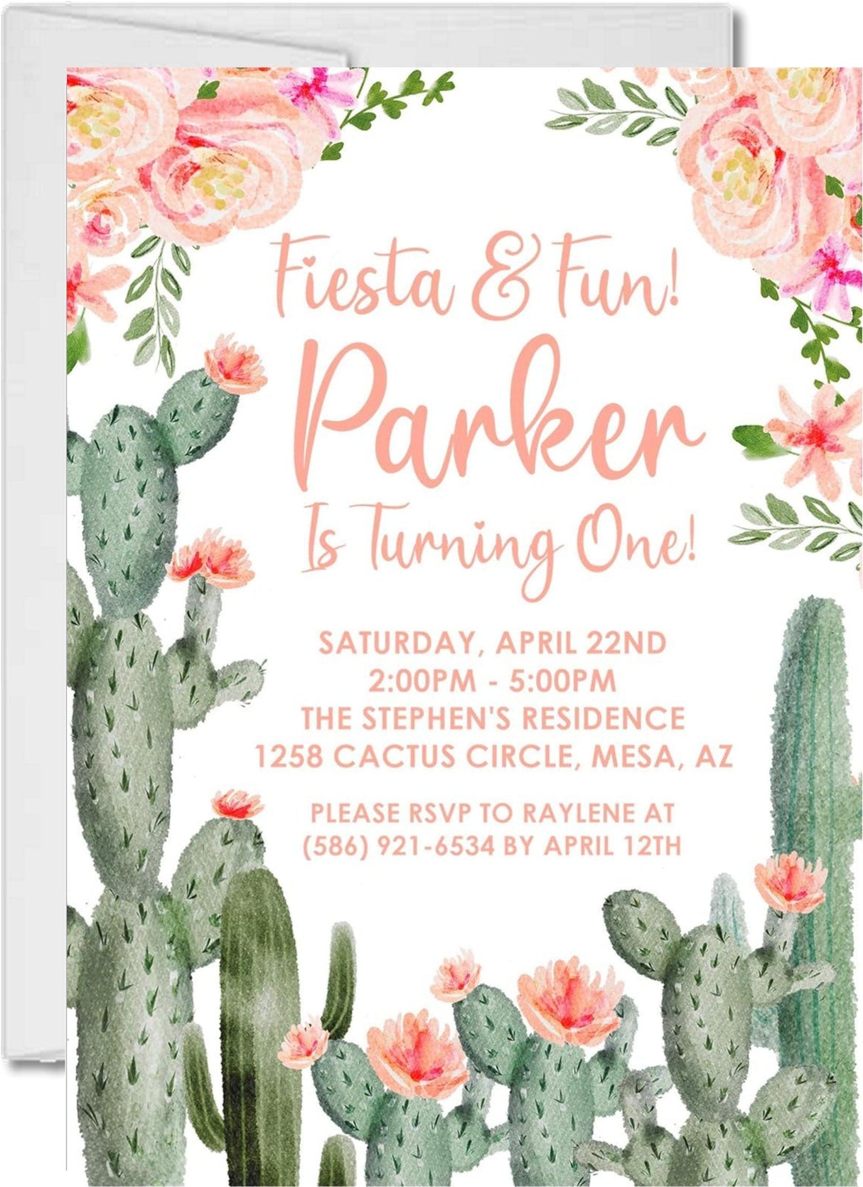 Girls cactus 1st birthday invitations blush pink green 
