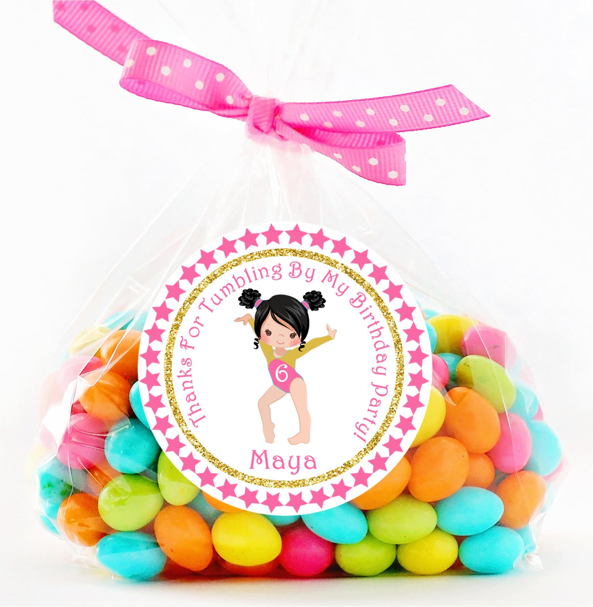 Girls gymnastics treat bag sticker with character options