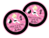 Girls karate character kicking on pink burst background