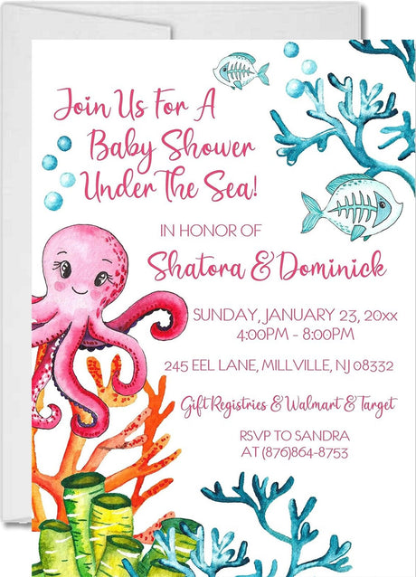 Girls ocean baby shower invitations colorful coral reef design