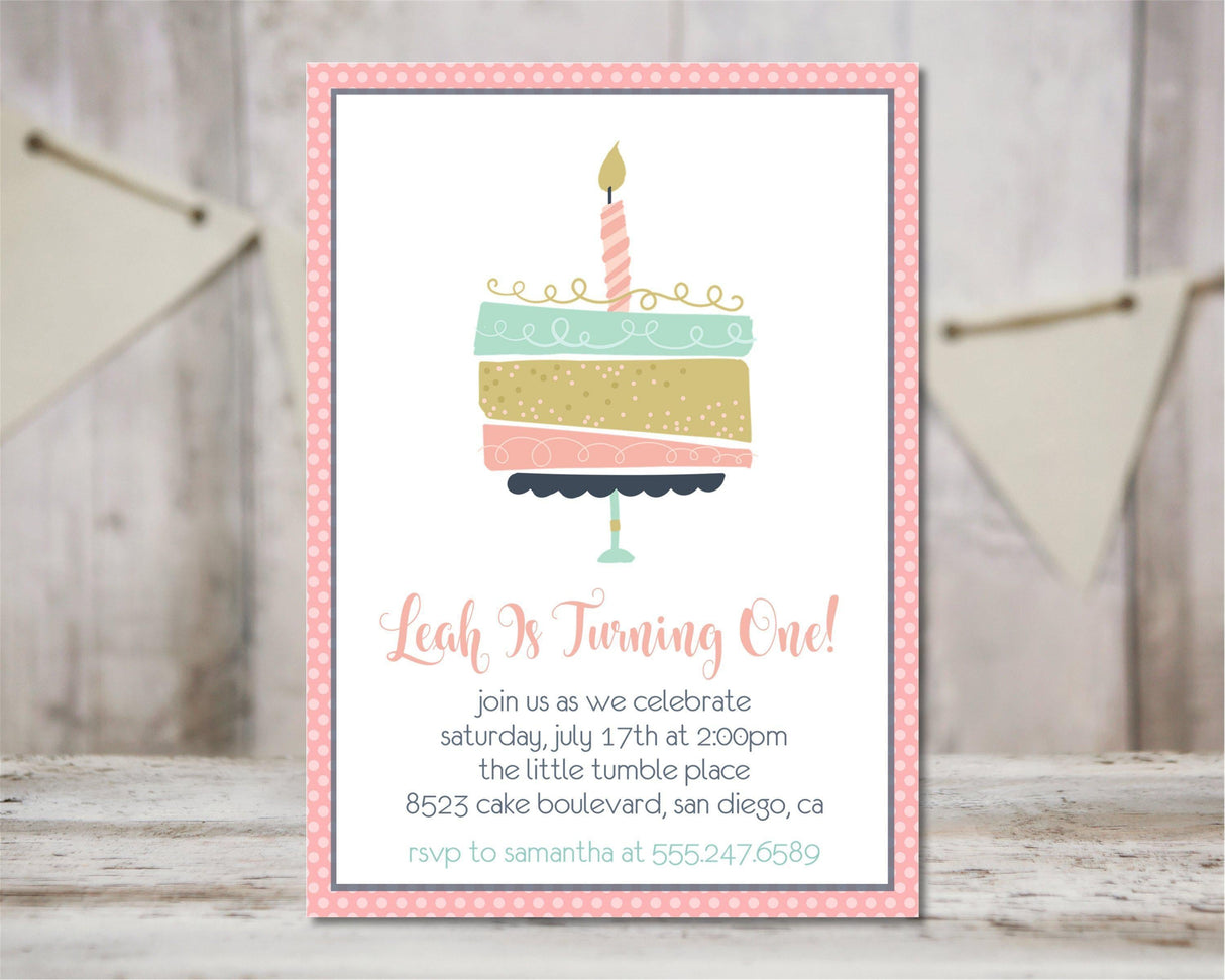 Girls pastel cake 1st birthday invitation