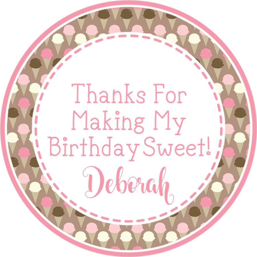 Girls pink brown ice cream party stickers