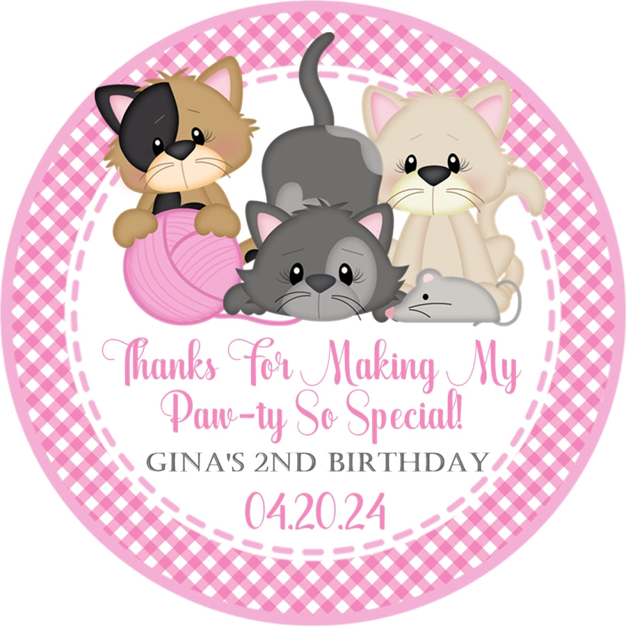 Girls pink cat birthday stickers