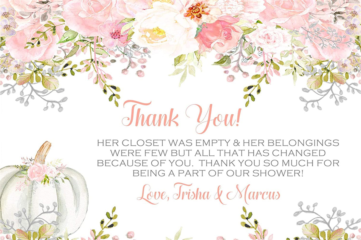 Girls pink little pumpkin baby shower thank you cards watercolor fall design