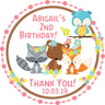 Girls pink pastel woodland animals birthday sticker floral forest design