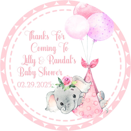 Girls pink safari elephant baby shower favor label sticker with balloons