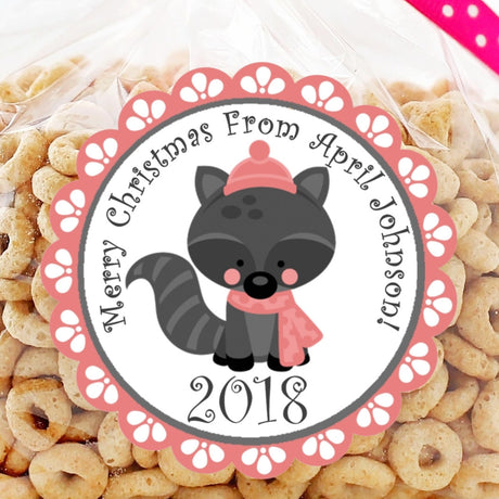 Girls raccoon Christmas sticker with holiday design