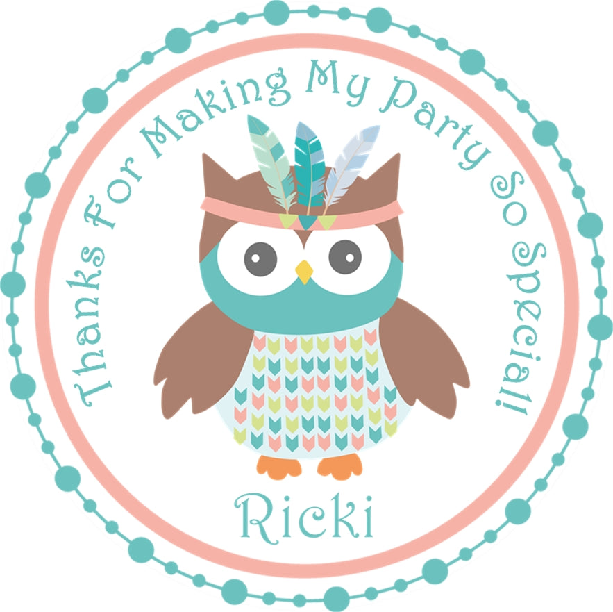 Girls woodland owl birthday party stickers