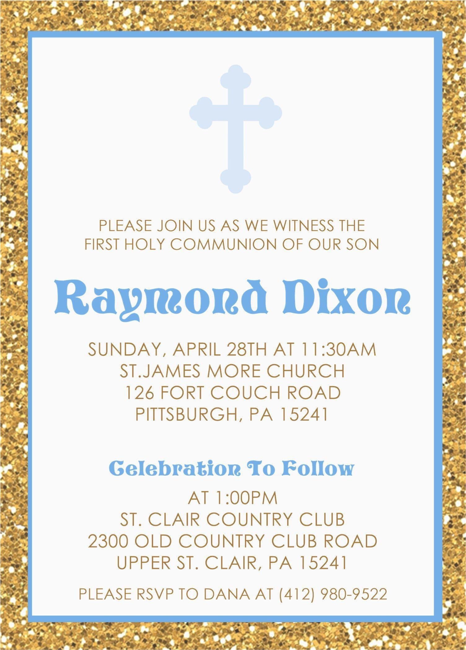 Gold And Blue First Communion Invitations