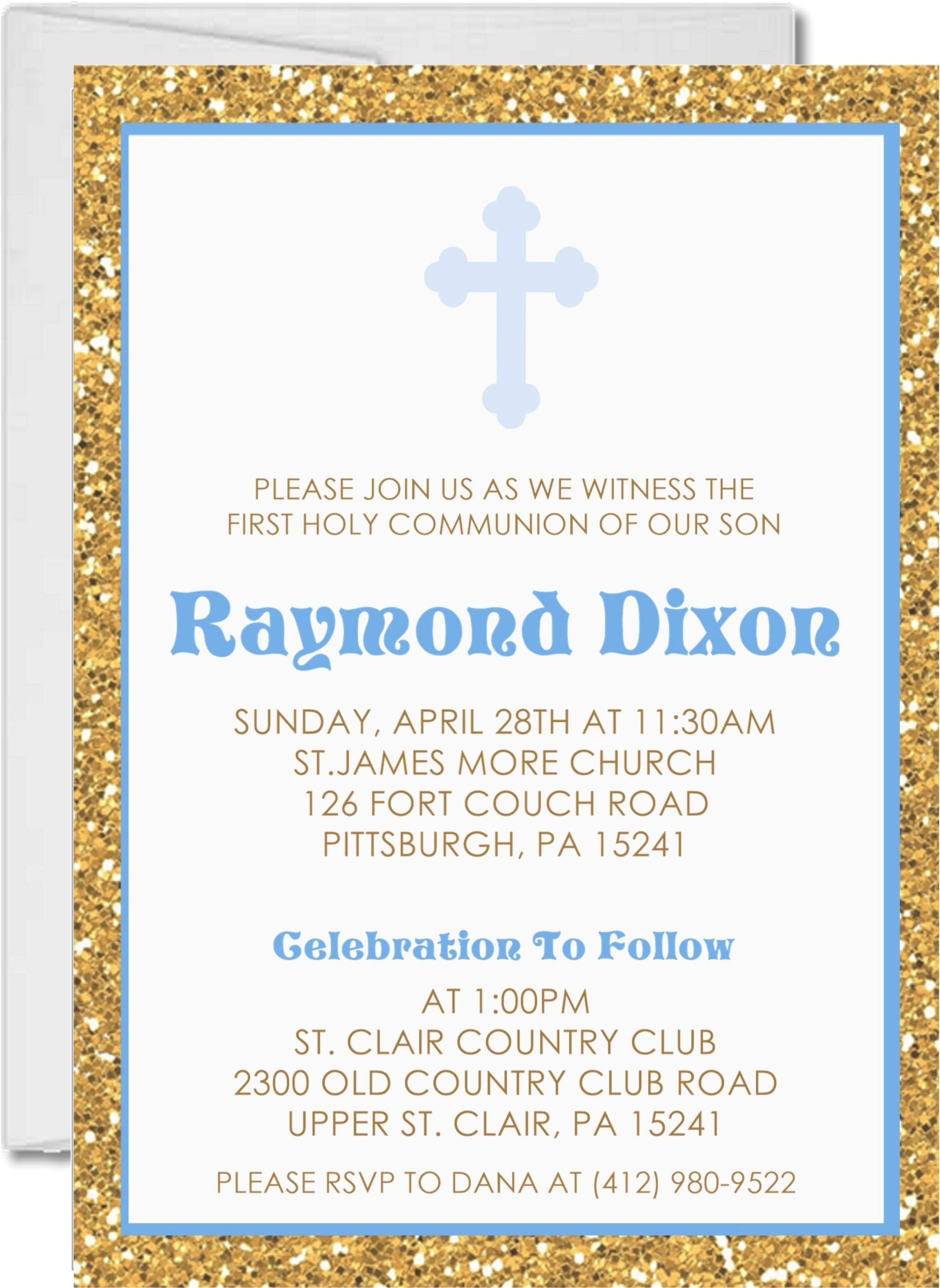 Gold And Blue First Communion Invitations