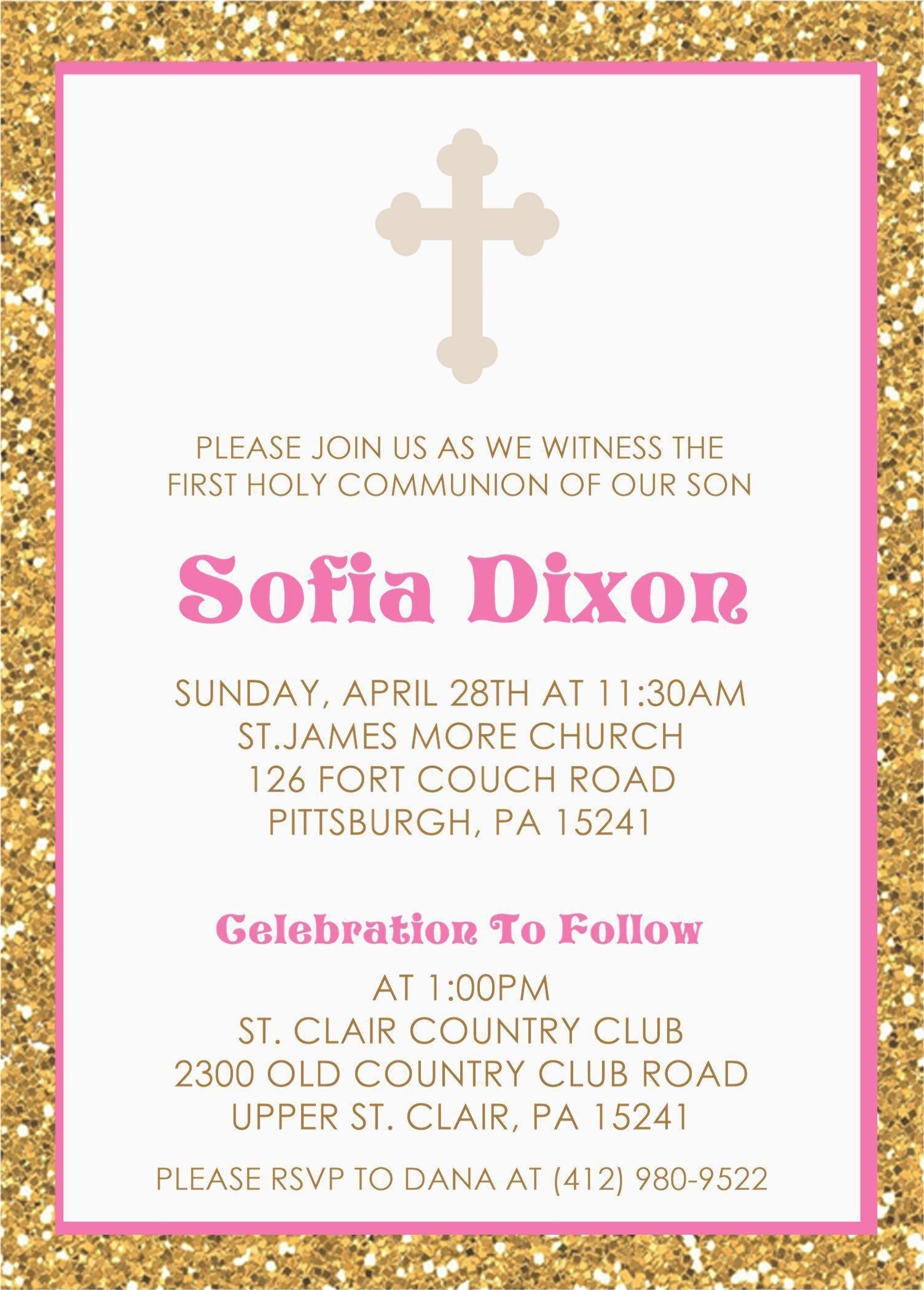 Gold And Bright Pink First Communion Invitations