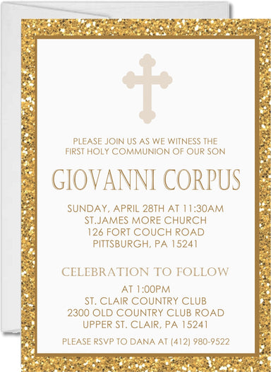 Gold And White First Communion Invitations