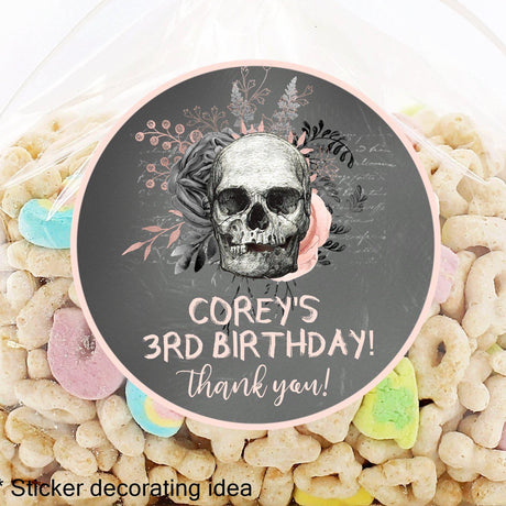 Gothic skull themed birthday sticker design