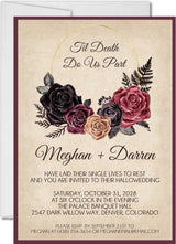 Gothic wedding invitation featuring burgundy floral artwork on a vintage parchment background