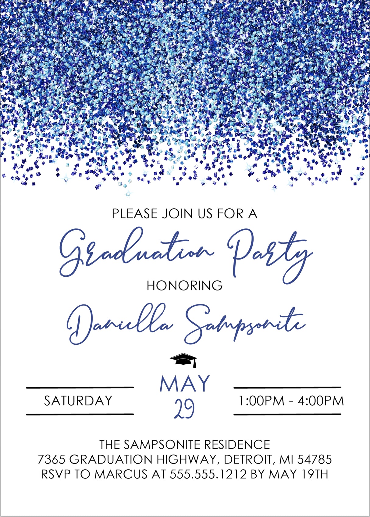 Graduation party invitation with blue confetti and event details.