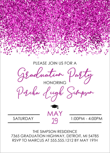 Graduation party invitation with bright pink border and event details.