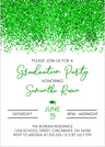Graduation party invitation with green confetti and text on a white background