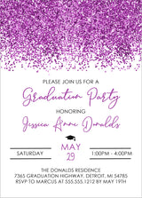 Graduation party invitation with purple background and text details.