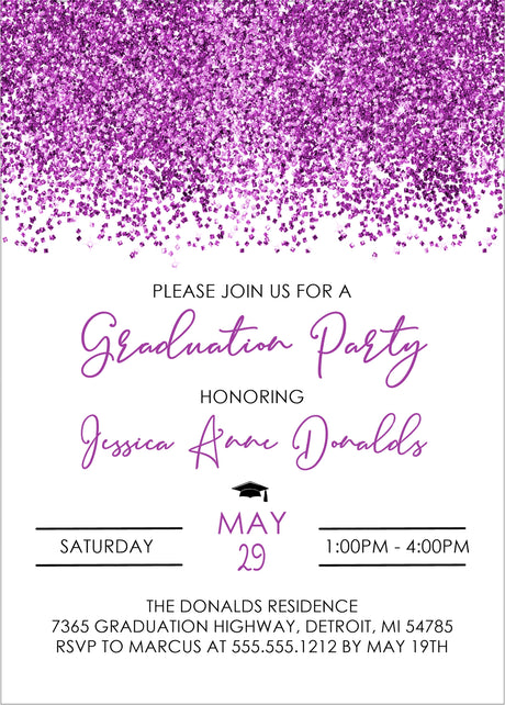 Graduation party invitation with purple background and text details.