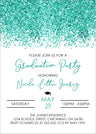 Graduation party invitation with teal glittery border and text details.
