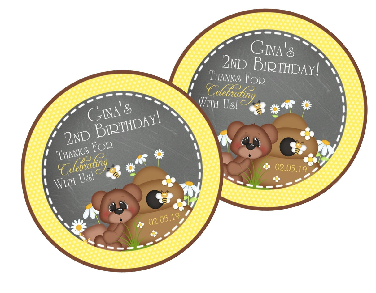 Gray chalk-style bee themed party label with yellow border