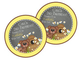Gray chalk-style bee themed party label with yellow border