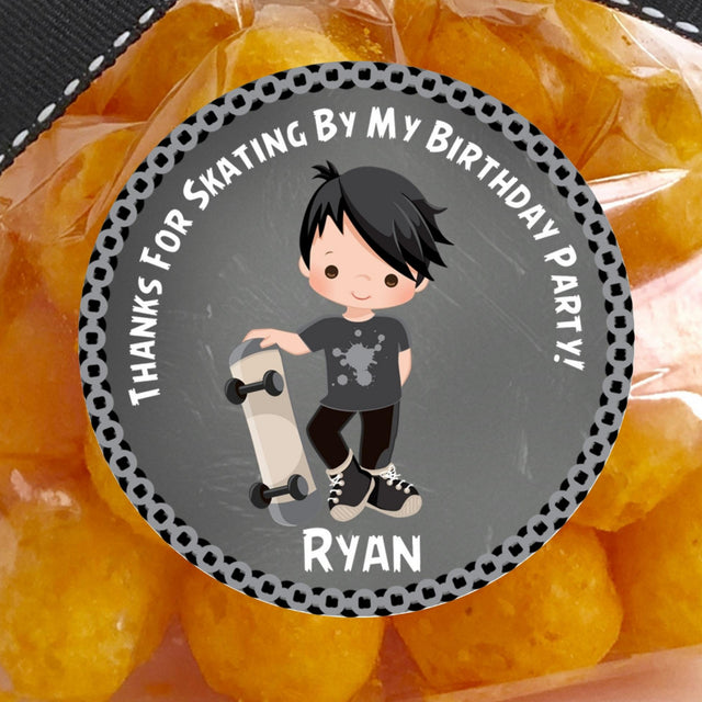 Gray chalkboard skateboard birthday sticker with skater character