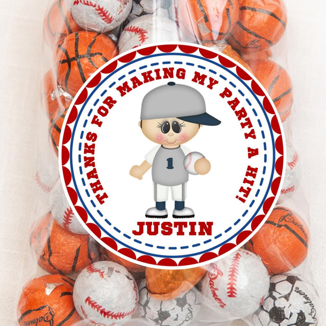 Gray uniform baseball player birthday favor sticker