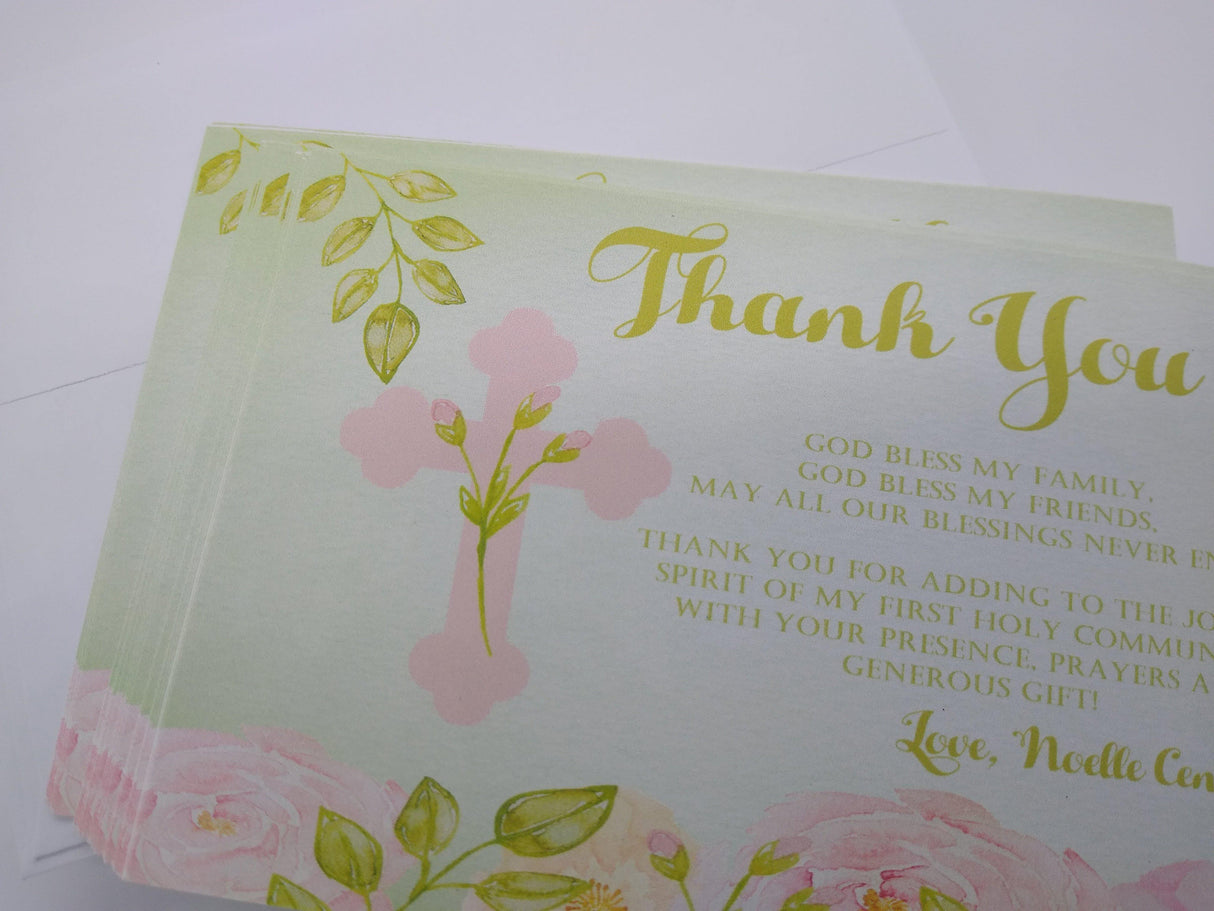 Green And Pink First Communion Thank You Cards