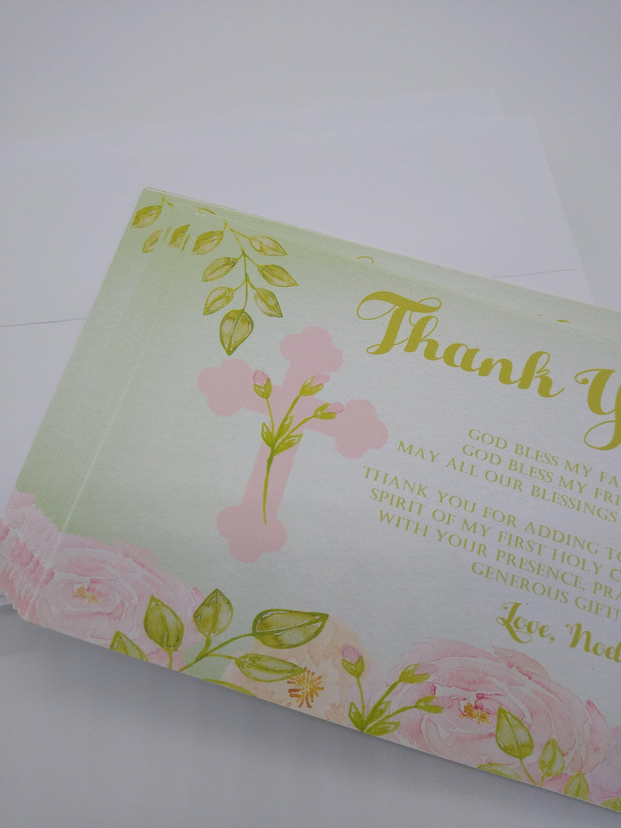 Green And Pink First Communion Thank You Cards