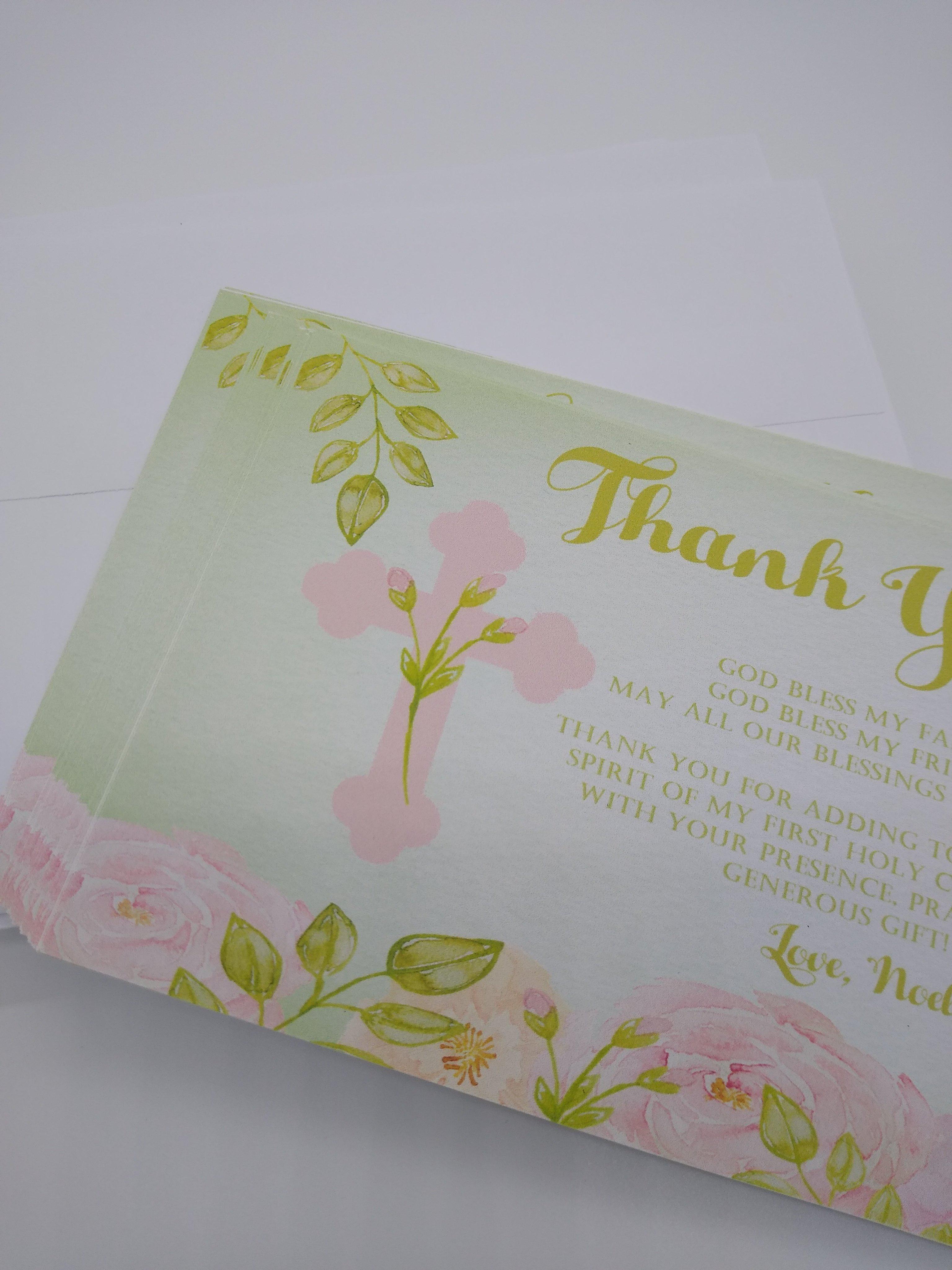 Green And Pink First Communion Thank You Cards