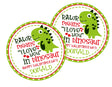 Green dinosaur classroom Valentine label