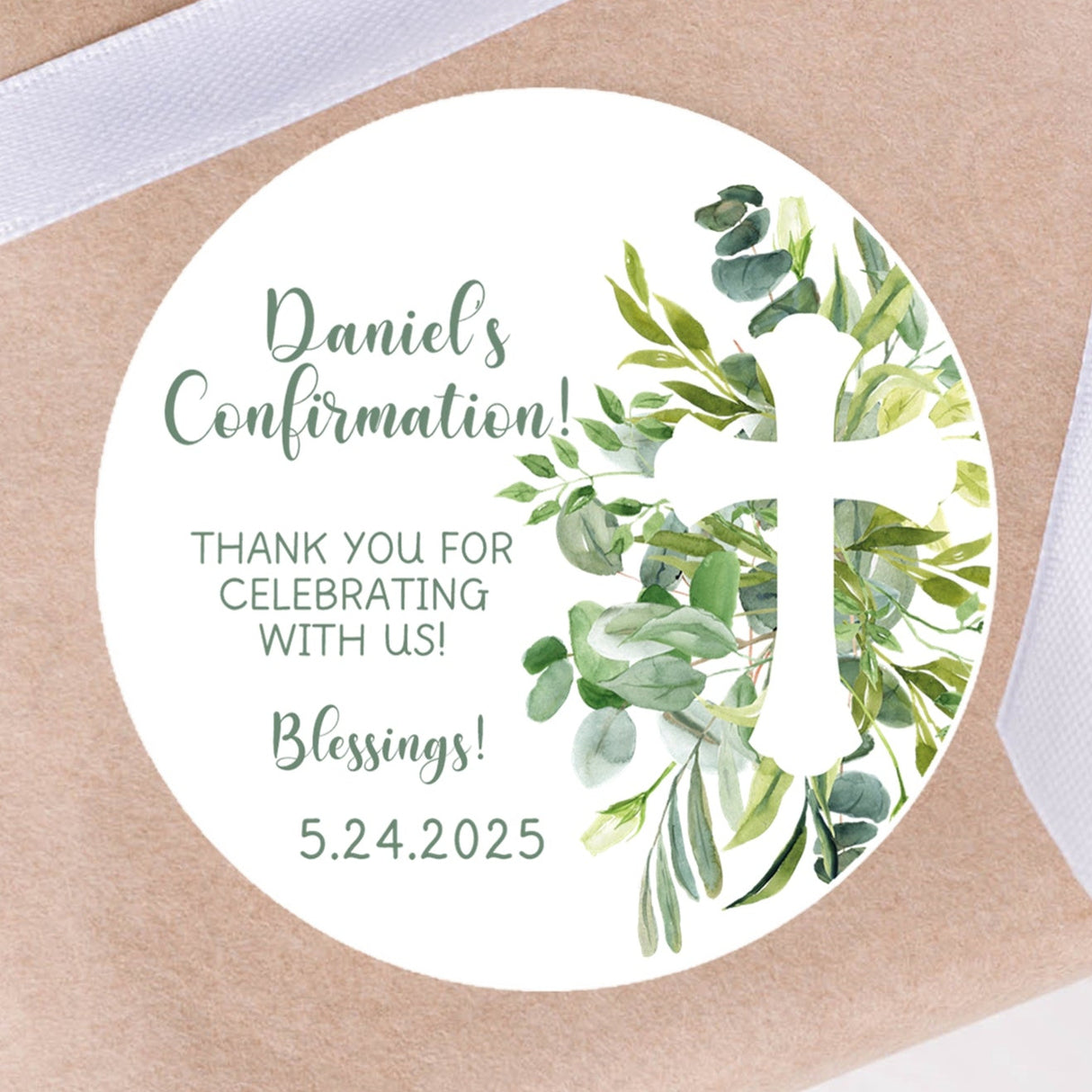 Green eucalyptus Confirmation sticker with watercolor greenery