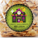 Green haunted house Halloween sticker with pumpkins and bats