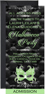 Green masquerade themed ticket invitation for Halloween party celebration