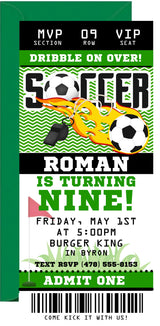 Green soccer birthday ticket invitation with admission pass layout