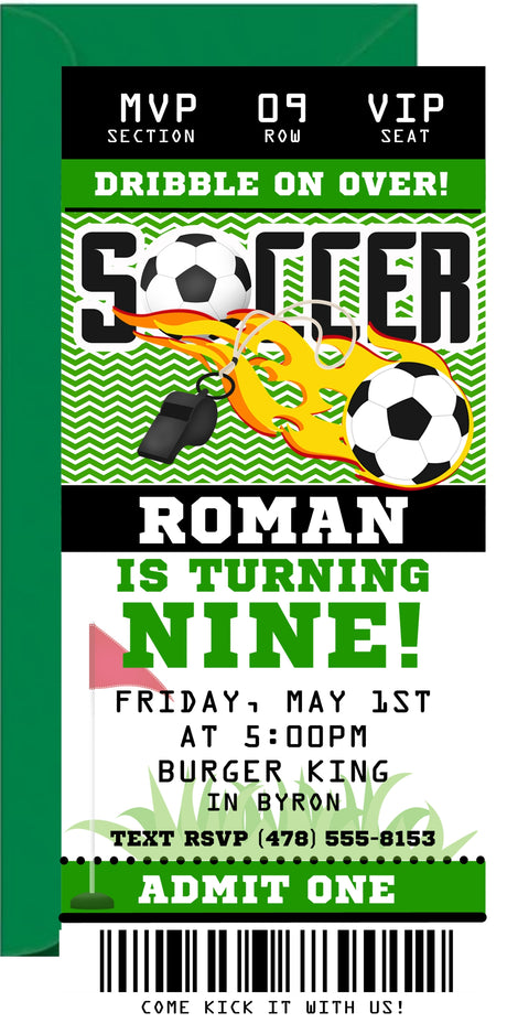 Green soccer birthday ticket invitation with admission pass layout