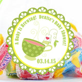 Green tea party baby shower sticker with scalloped green border