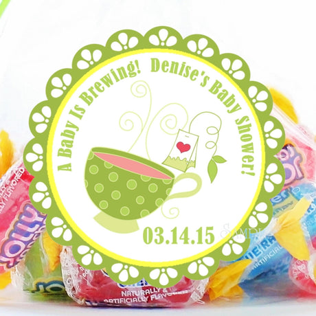 Green tea party baby shower sticker with scalloped green border