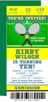 Green tennis birthday ticket invitation with admission pass layout