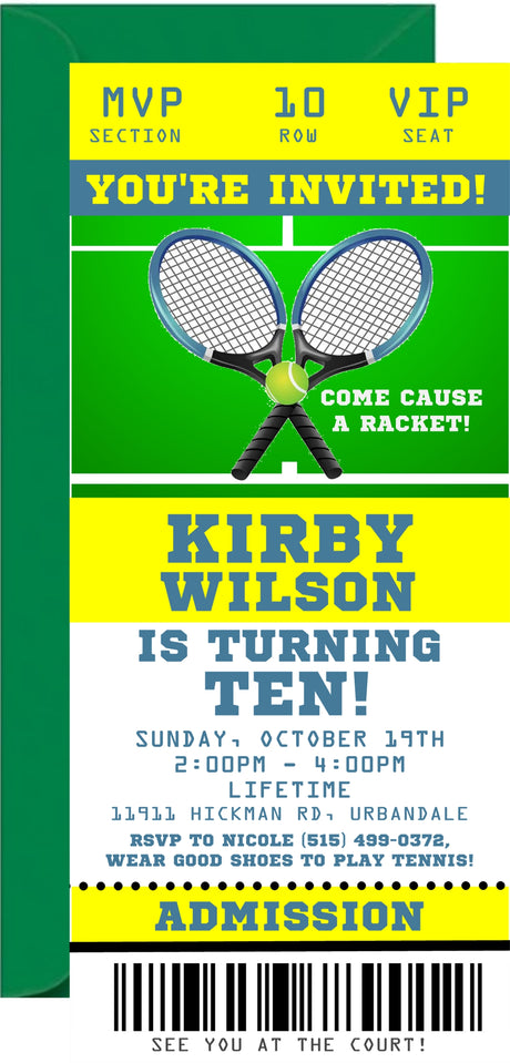Green tennis birthday ticket invitation with admission pass layout