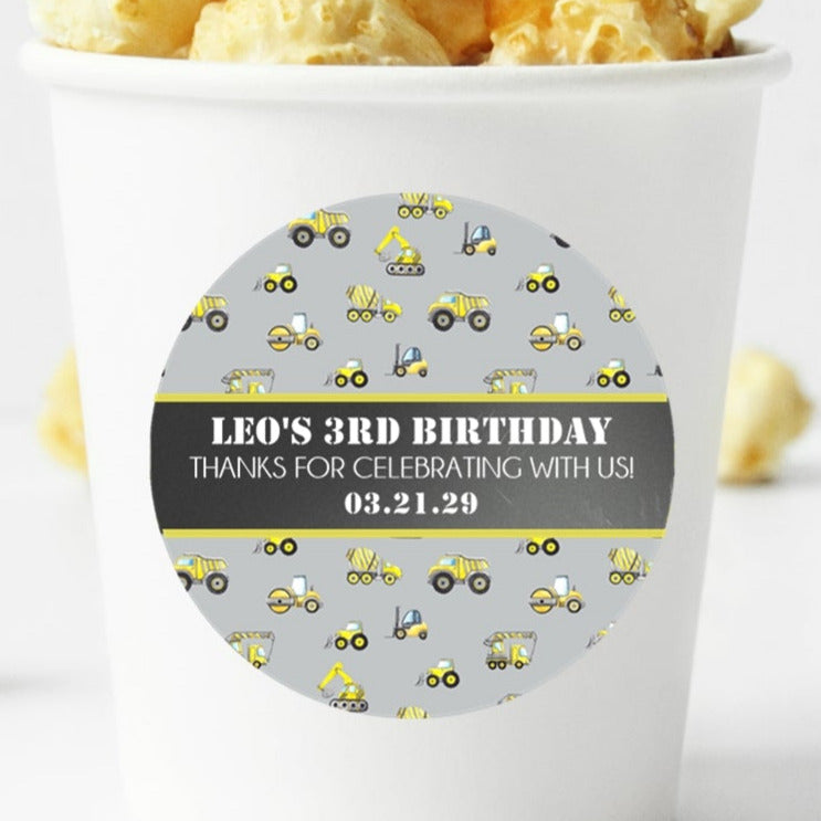 Grey construction birthday sticker with dark center band and custom text