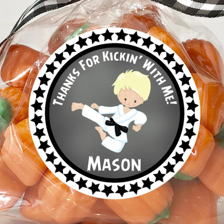 Grey karate boy birthday sticker with blonde martial artist