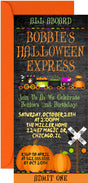 Halloween Express Train birthday invitation featuring a Halloween train, pumpkins, and ghost artwork